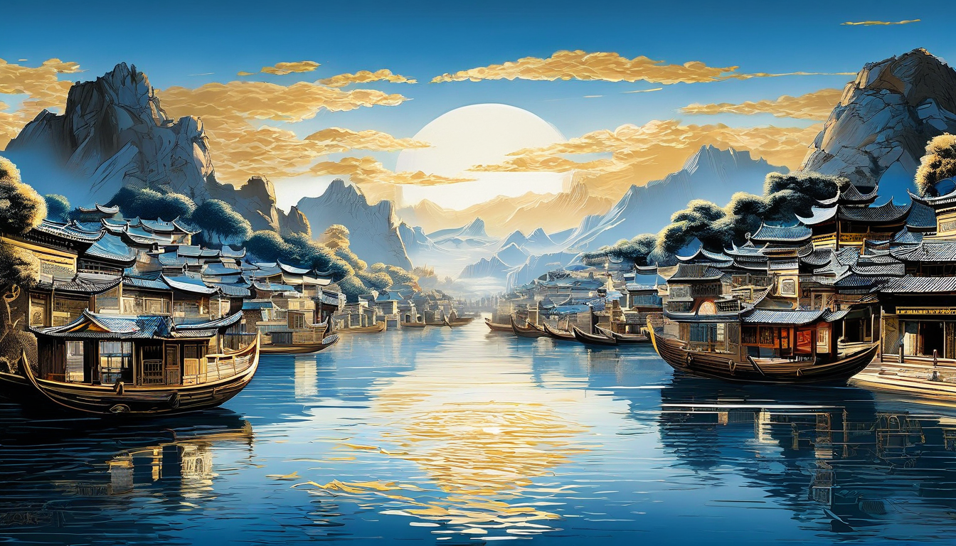 金色中国港口山脉河景壁画