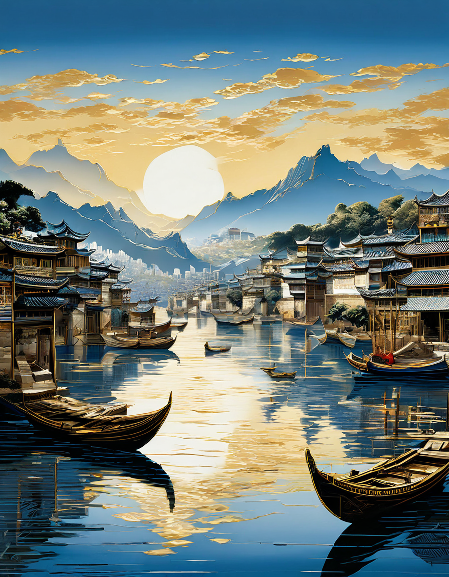 金色中国港口风景壁画