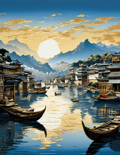 金色中国港口风景壁画