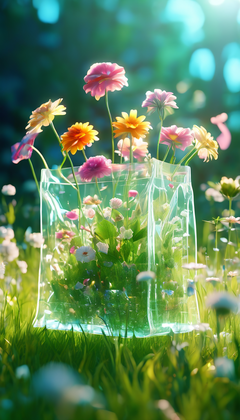 梦幻购物袋鲜花绿草3D渲染