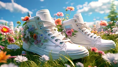 白色运动鞋中长出花朵的3D渲染
