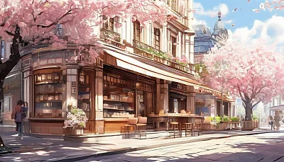 欧式建筑咖啡馆水彩画