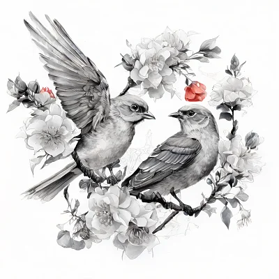 水墨画版画中的鸟与花朵