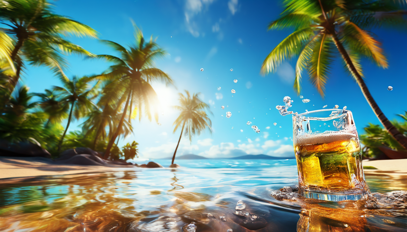 热带海滩玻璃啤酒瓶动态场景