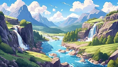 春天山丘瀑布航拍风景卡通插画