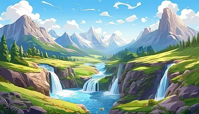春天群山瀑布航拍风景插画