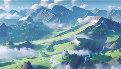 春天群山瀑布航拍风景壁画