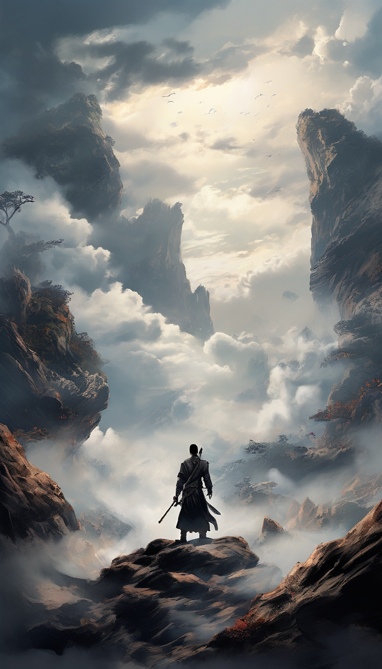 古代神仙水墨画武术场景