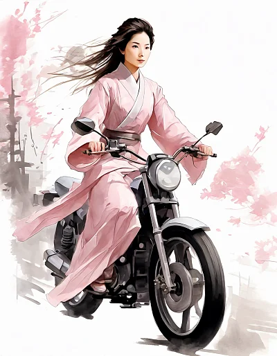 粉色汉服美女骑电动车水墨画