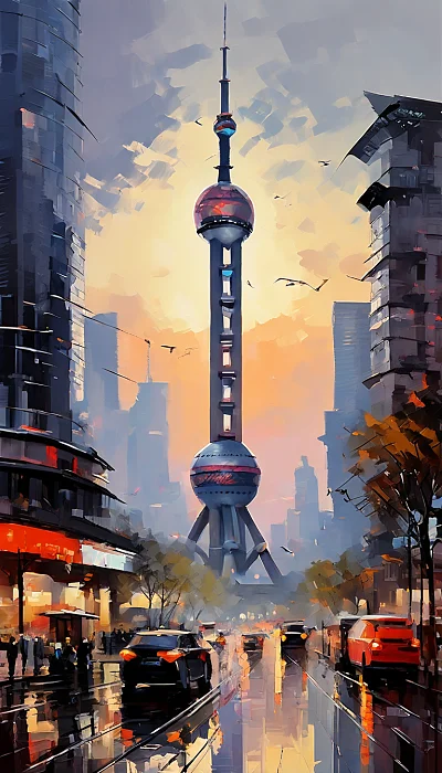 宋徽宗风格新工笔画上海东方明珠