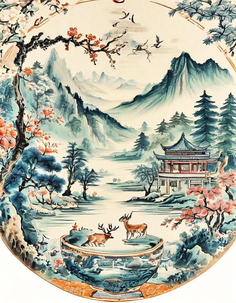 中国山水茶杯水墨插画