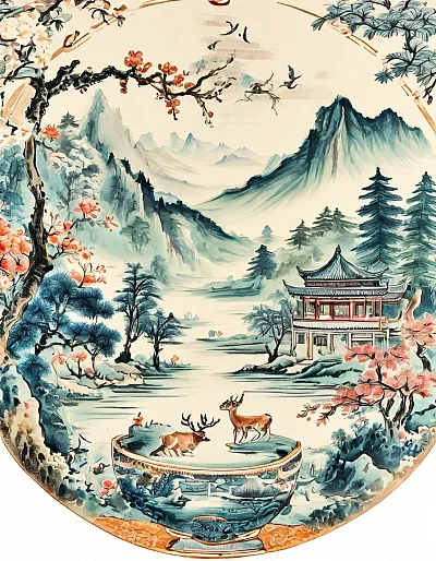 中国山水茶杯水墨插画