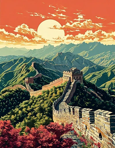 阳光下的中国长城旅游版画