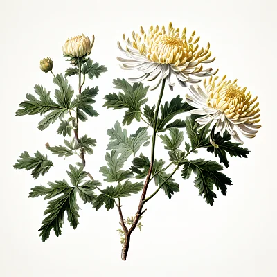 19世纪Pierre-Joseph Redoute风格菊花树枝插图