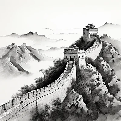 中国风黑白水墨长城画