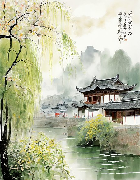 唐代建筑水墨画风格春燕杨柳