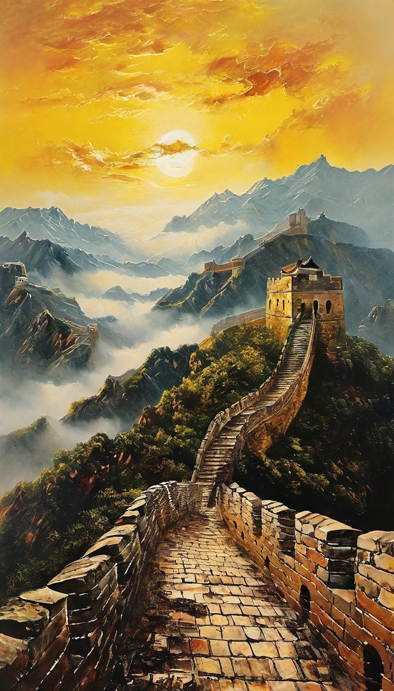 中国长城蜿蜒城墙与望塔的东方美学