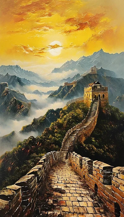 中国长城蜿蜒城墙与望塔的东方美学