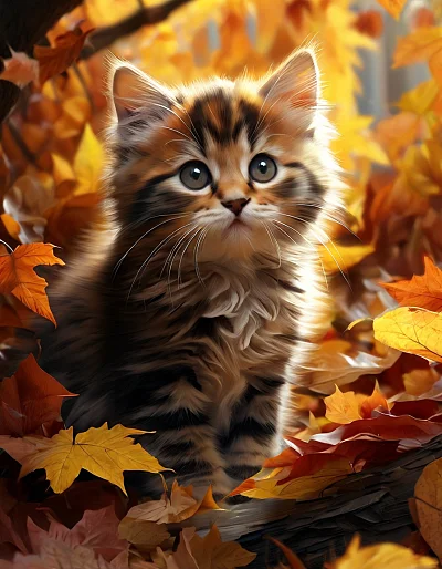 秋叶中的中国风小猫