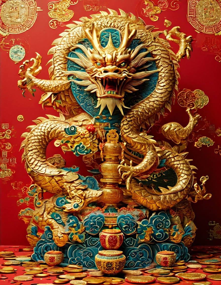 财神龙年画春节金币浮雕