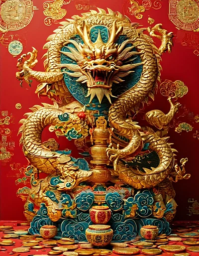 财神龙年画春节金币浮雕