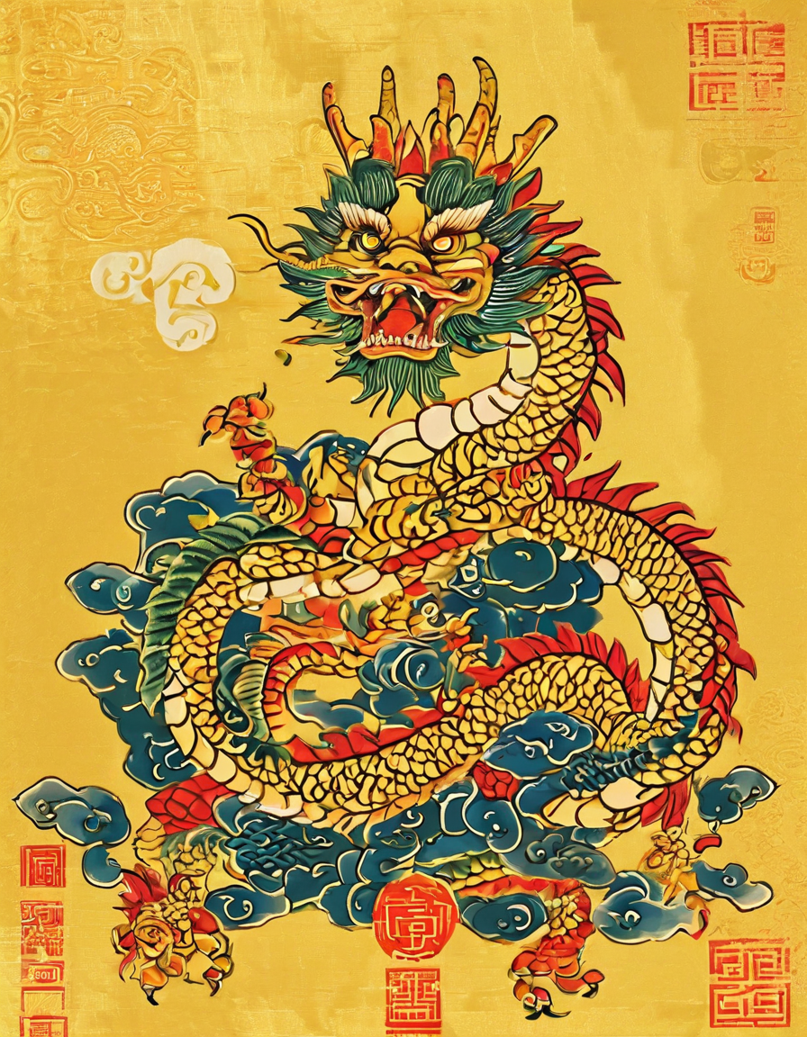 中国传统年画财神龙金币