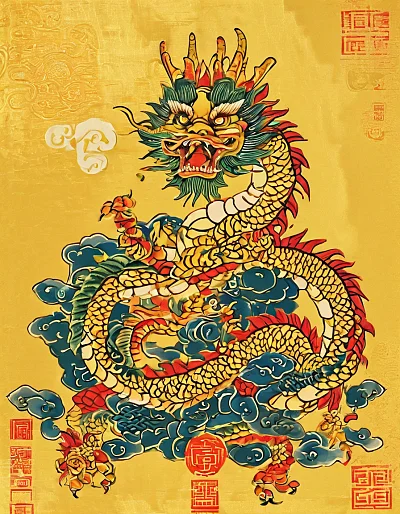 中国传统年画财神龙金币