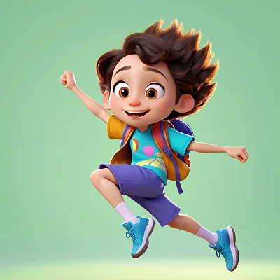 皮克斯风格3D卡通小学生开心蹦跳