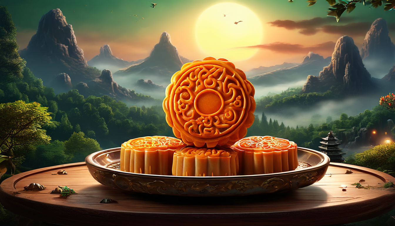 神秘生物风格的中国月饼与梦幻森林满月