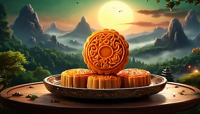 神秘生物风格的中国月饼与梦幻森林满月