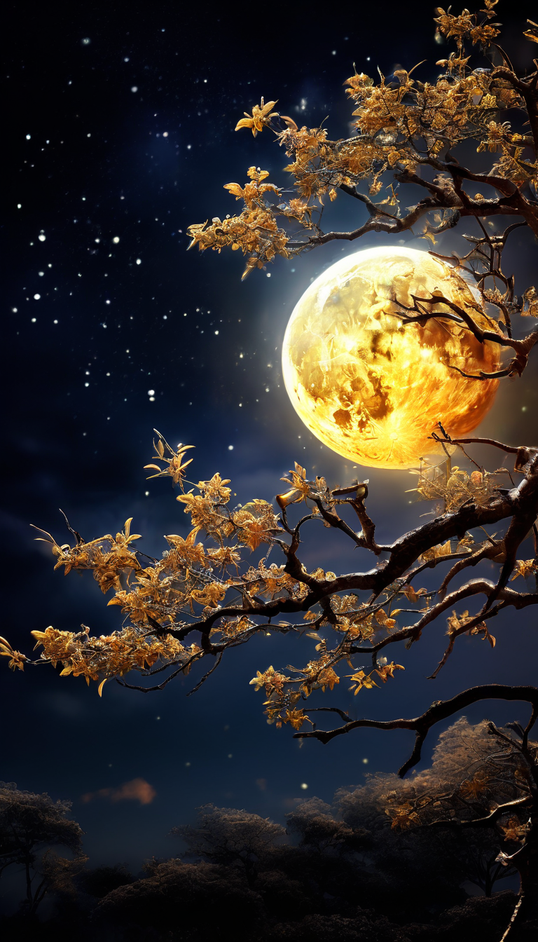 奇幻星空下的满月与桂花树摄影
