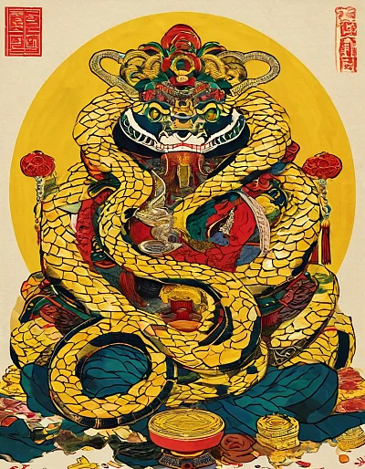 中国财神与蛇年画春节装饰