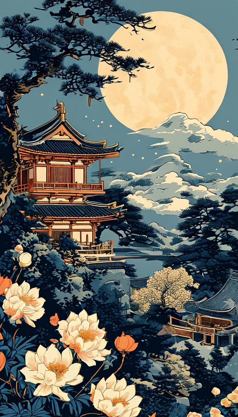 中国风嫦娥奔月浮世绘插画