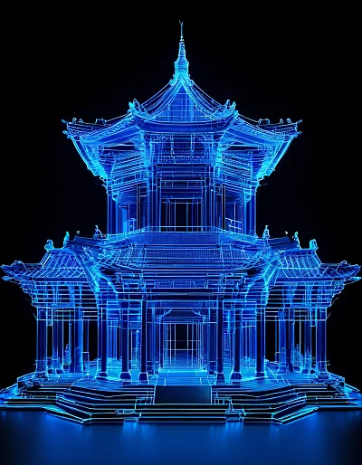 荧光蓝线勾勒的古建筑全息图