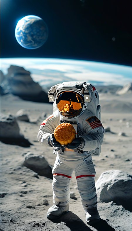 月球上宇航员手持月饼与蓝色地球合影