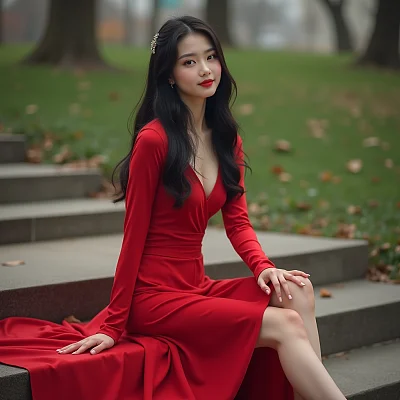 御姐风格红裙公园台阶高分辨率摄影
