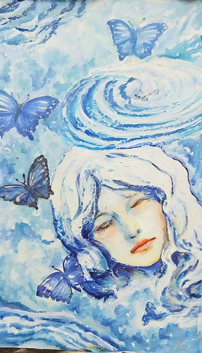 蓝色忧郁风格少女与蝴蝶艺术摄影