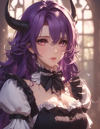 紫色头发恶魔角女仆装女王形象