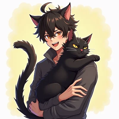 阳光美式前刺发型黑猫耳男孩怀抱黑猫