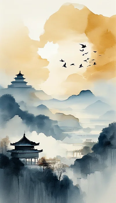 中国山水极简主义金色灰色水彩插画