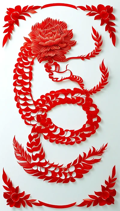 红色蛇形中国结剪纸艺术