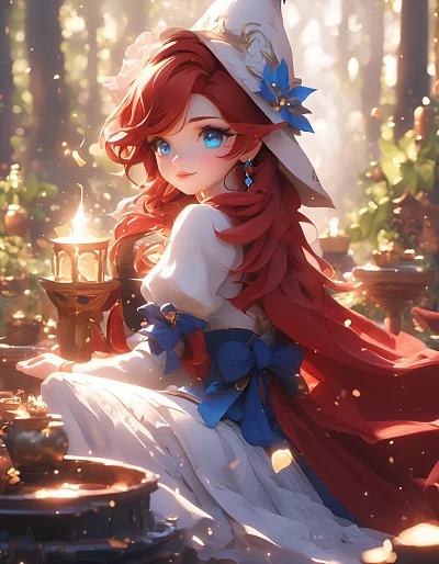 年轻女魔术师蓝色长发穿魔法长袍害羞形象