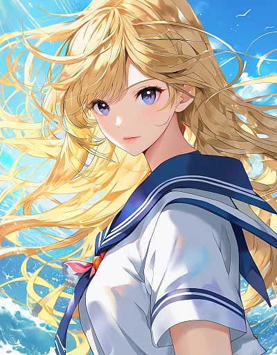 金发长发美少女水手服高清插图