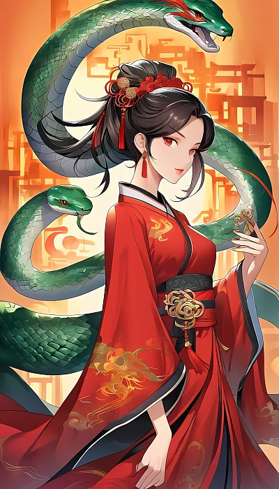 中国女性穿红色汉服与蛇合影