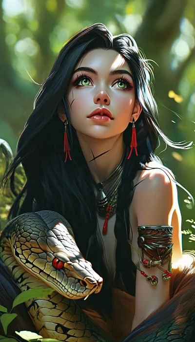 超高质量美女游戏角色设计，黑发红瞳坐蛇上