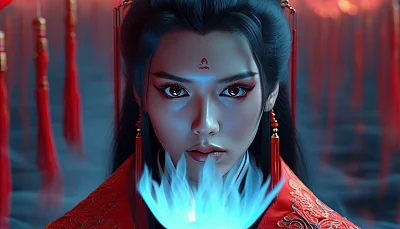 三维古代风格美女手持烟雾灯笼
