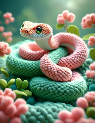 粉色羊毛蛇与绿色山坡毛毡3D渲染