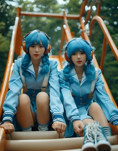 浅蓝色头发双胞胎水手服模特摄影