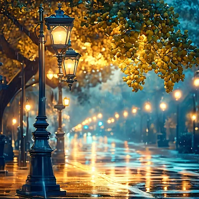 街道上的橡树形路灯带雨棚