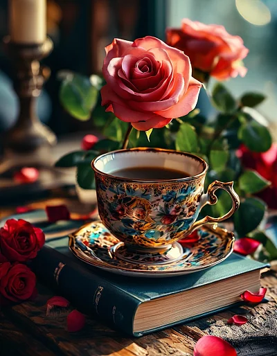 超高清细节设计的大师杰作咖啡与玫瑰花